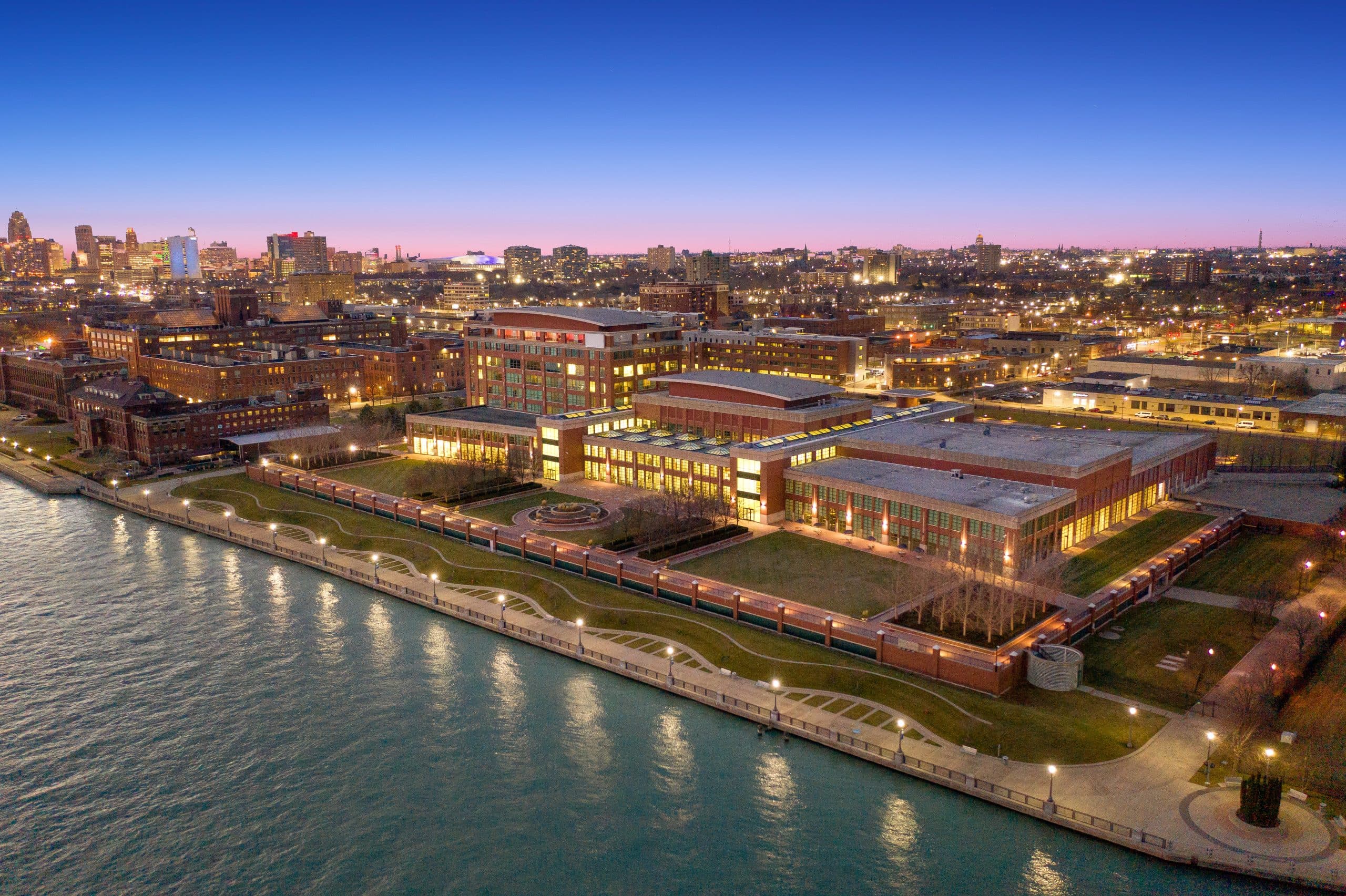 Birds eye view of downtown Detroit skyline, the Detroit River, and Riverfront Garden at The Icon event space.